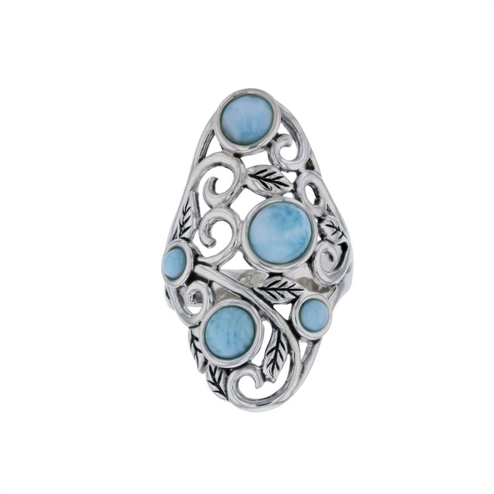 925 Sterling Silver Larimar Round Shapes w Leaves & Scroll Vintage Ring 9.5 gm
